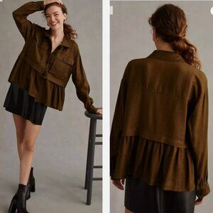 Anthropologie Maeve Flounced Utility Shirt Jacket in Olive
